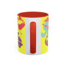 Load image into Gallery viewer, The Personalized Kiss Print Coffee Mug is a bright yellow accent mug with a red handle and interior, featuring colorful lipstick kiss marks and 'Andreas' script on the side.
