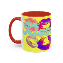 Load image into Gallery viewer, The Personalized Kiss Print Coffee Mug – Bright Yellow Accent Mug features colorful lipstick kiss marks, “Andreas” script, and is microwave-safe for daily use.
